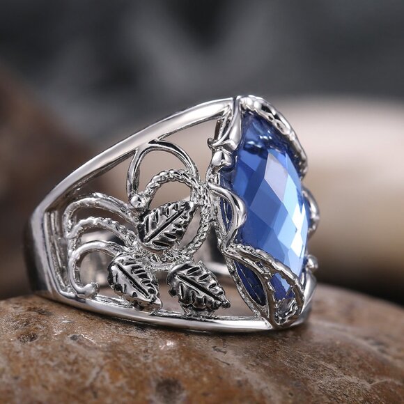Double Layer Blue Marquis Carved Zircon Vintage Rings for Women, PD011 - Picture 7 of 9
